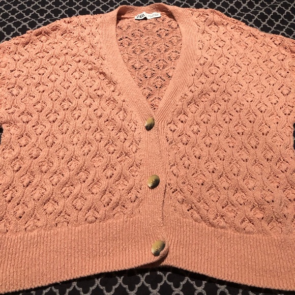 Zara Womens Open Knit Button Cardigan Sz Medium 100% Cotton Coral Pink L1 - Picture 5 of 8